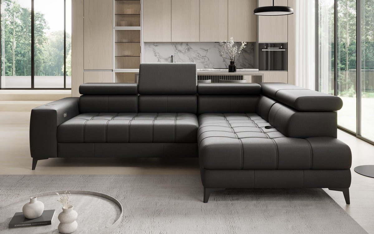 Designer L Sofa Seluna with electric sleeping function, induction, and storage in genuine leather