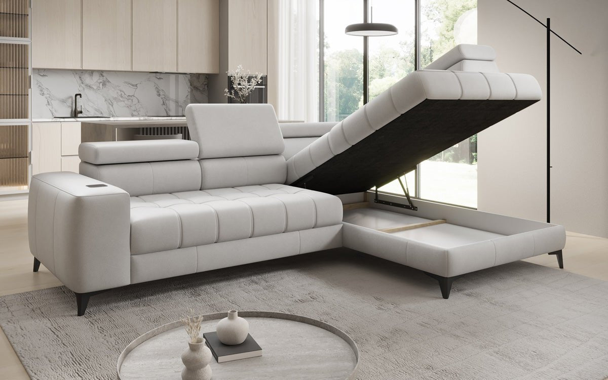 Designer L Sofa Seluna with electric sleeping function, induction, and storage in genuine leather