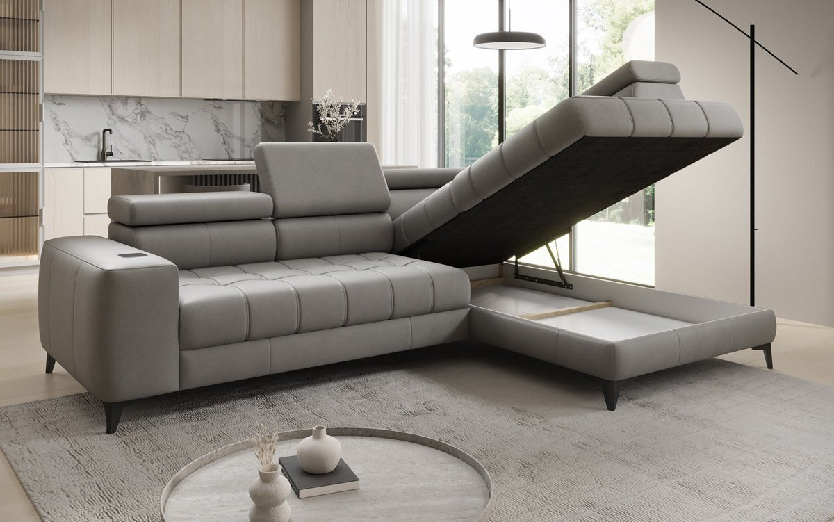 Designer L Sofa Seluna with electric sleeping function, induction, and storage in genuine leather