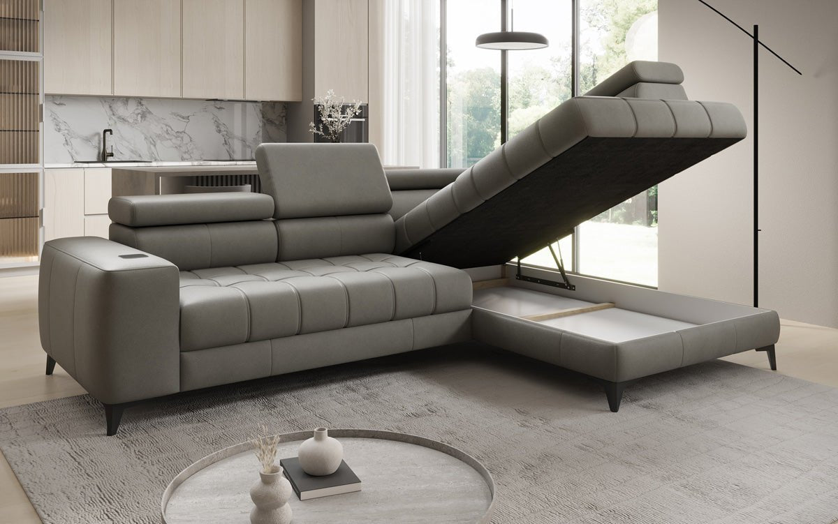 Designer L Sofa Seluna with electric sleeping function, induction, and storage in genuine leather