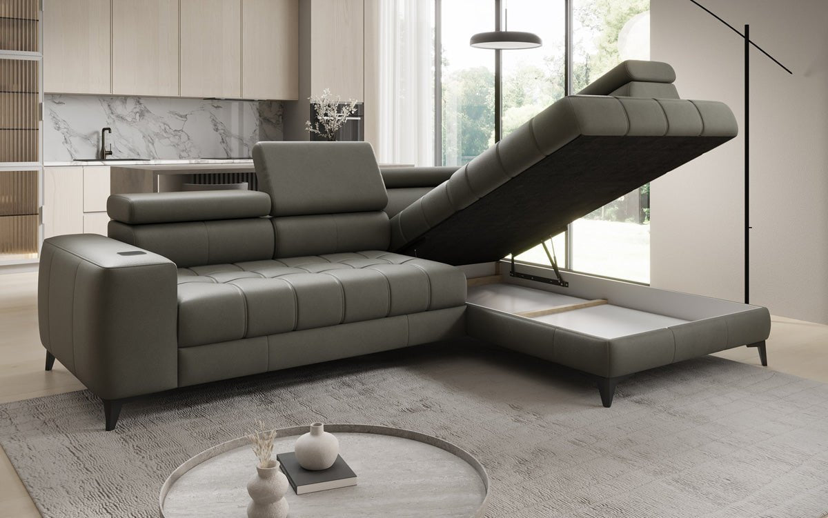 Designer L Sofa Seluna with electric sleeping function, induction, and storage in genuine leather