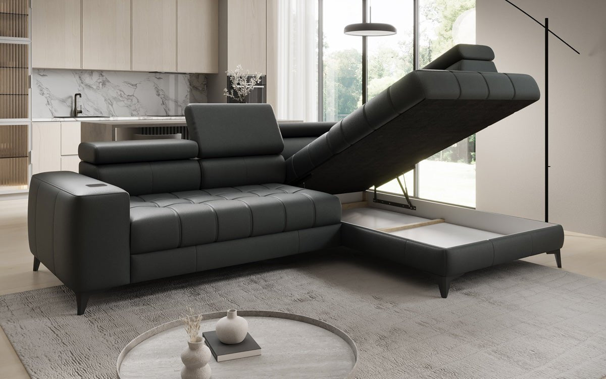 Designer L Sofa Seluna with electric sleeping function, induction, and storage in genuine leather