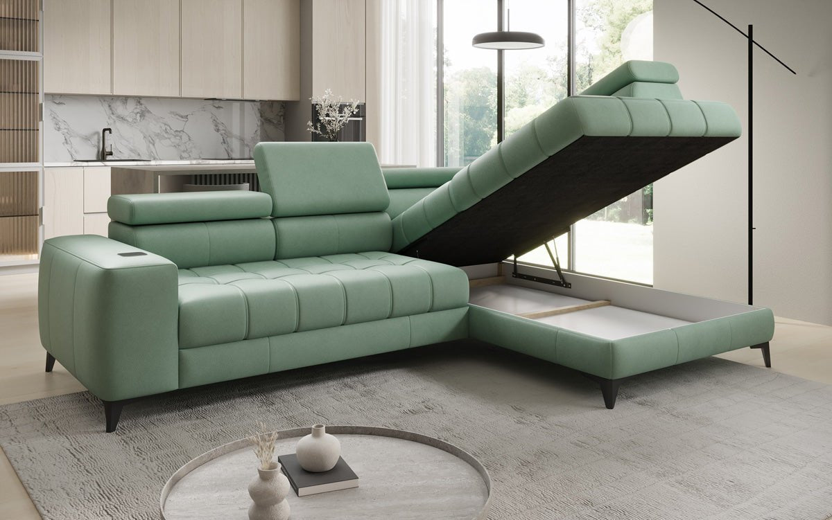 Designer L Sofa Seluna with electric sleeping function, induction, and storage in genuine leather