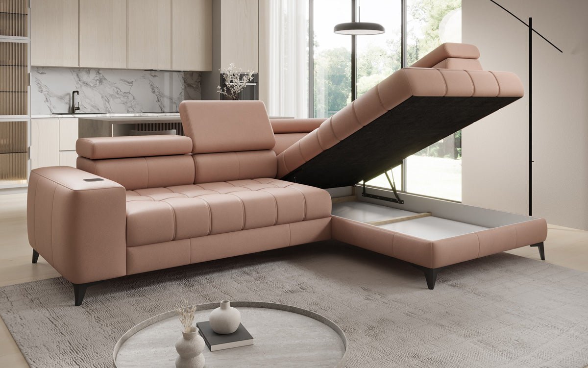 Designer L Sofa Seluna with electric sleeping function, induction, and storage in genuine leather