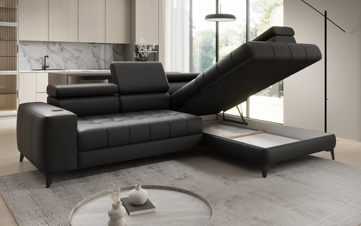Designer L Sofa Seluna with electric sleeping function, induction, and storage in genuine leather