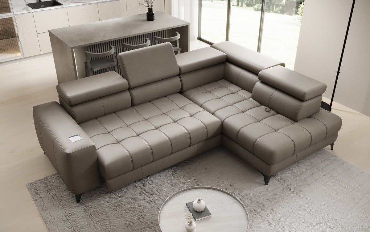 Designer L Sofa Seluna with electric sleeping function, induction, and storage in genuine leather