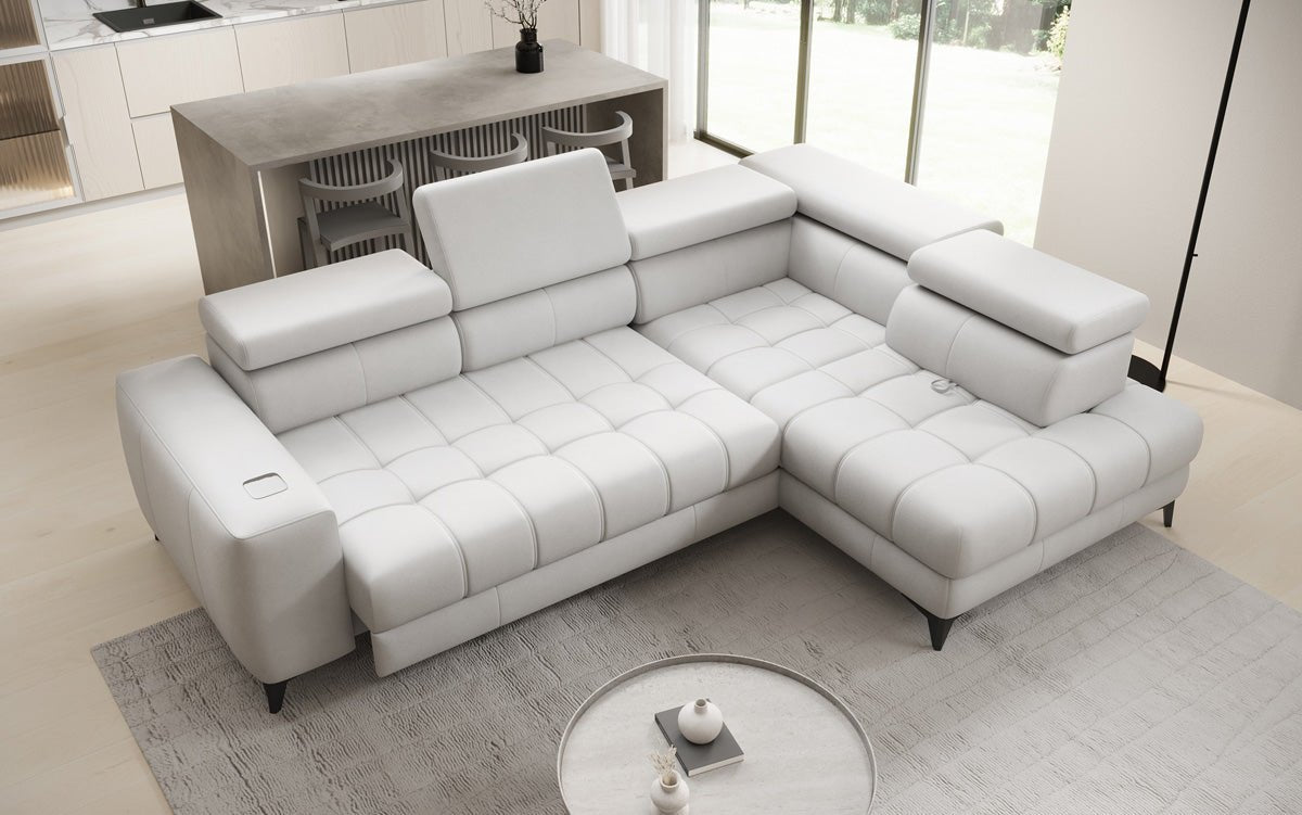 Designer L Sofa Seluna with electric sleeping function, induction, and storage in genuine leather