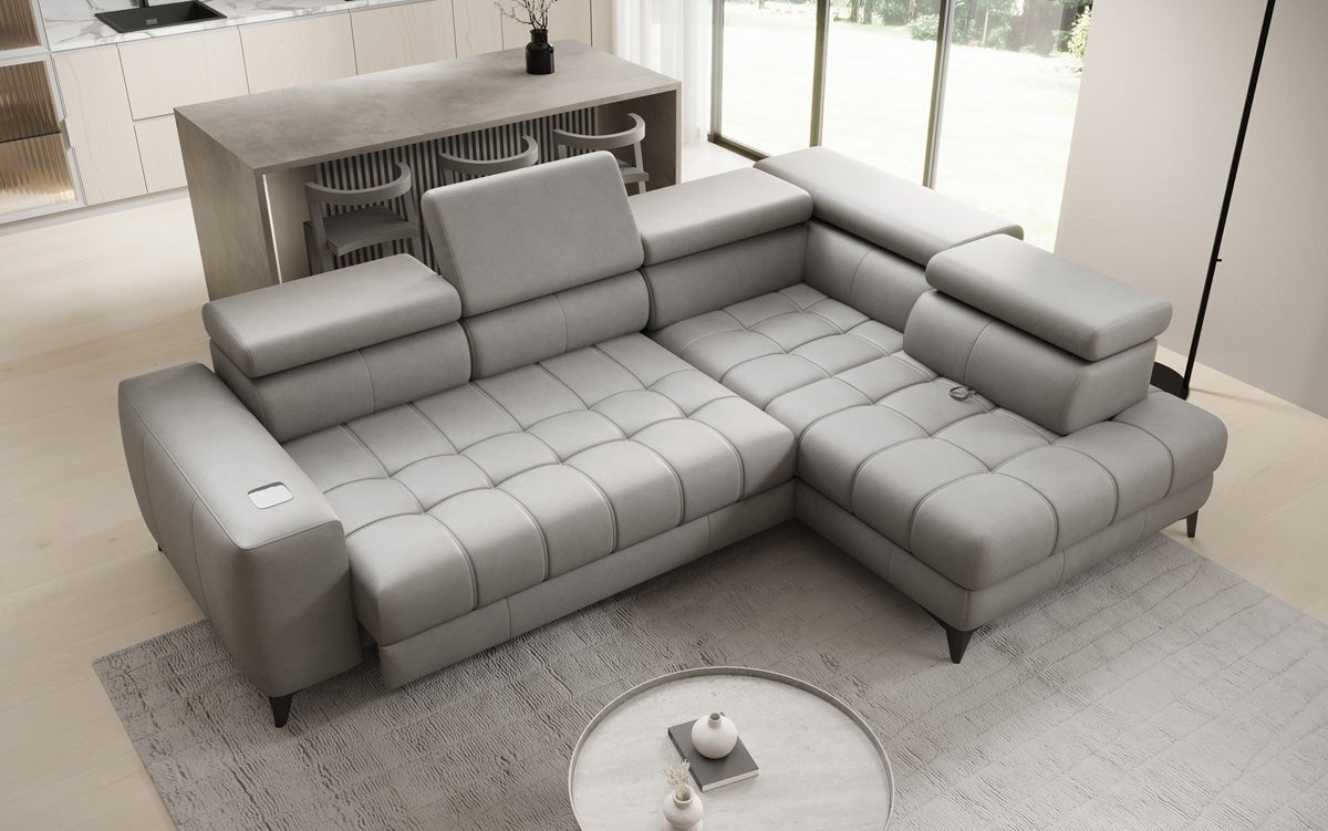 Designer L Sofa Seluna with electric sleeping function, induction, and storage in genuine leather