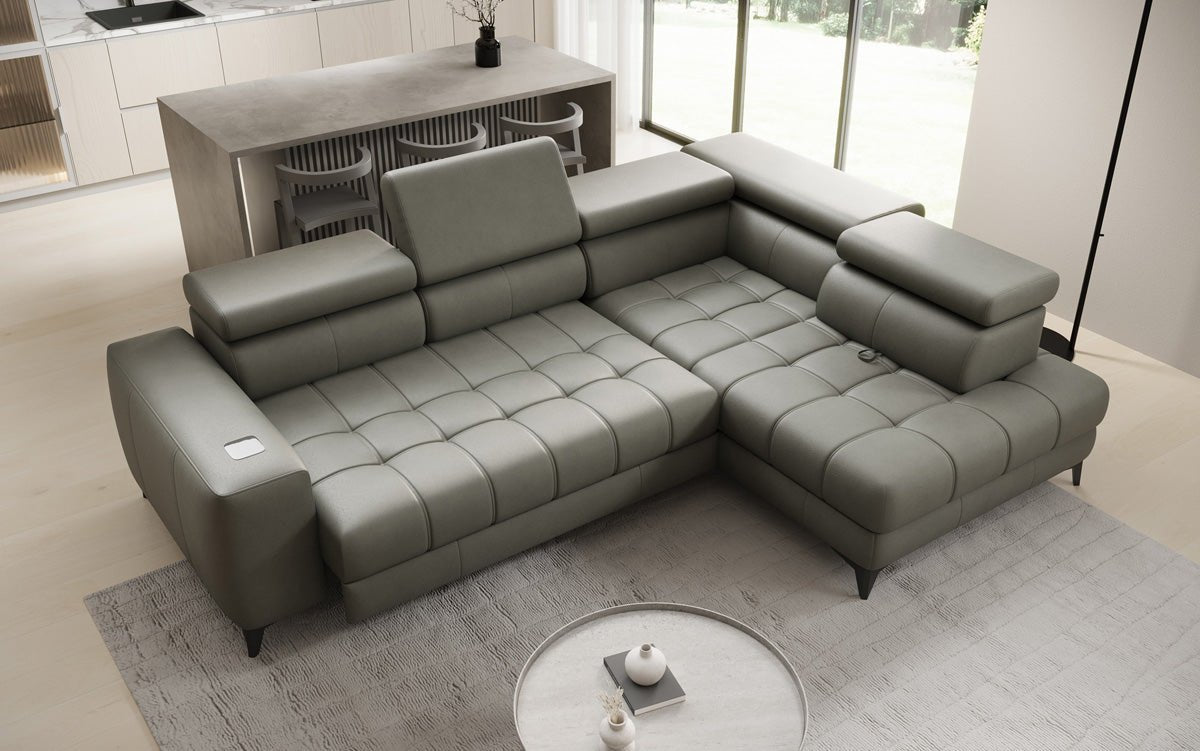 Designer L Sofa Seluna with electric sleeping function, induction, and storage in genuine leather