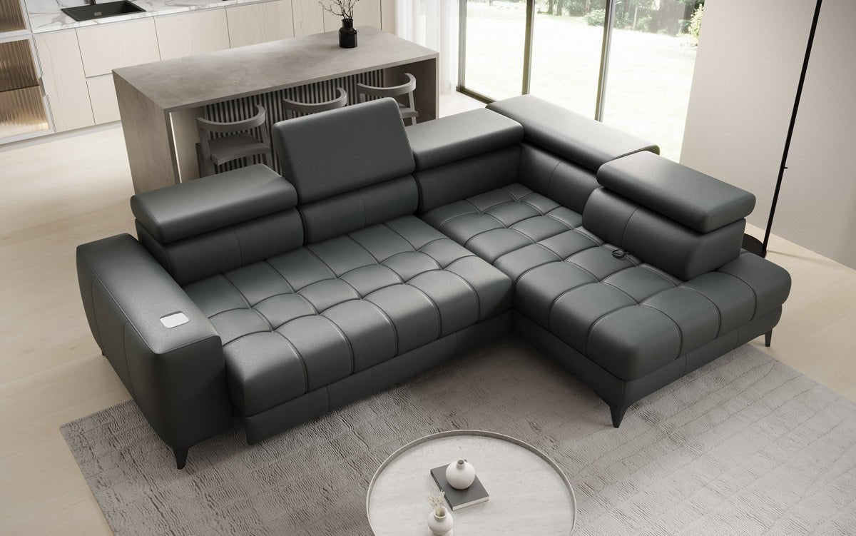 Designer L Sofa Seluna with electric sleeping function, induction, and storage in genuine leather