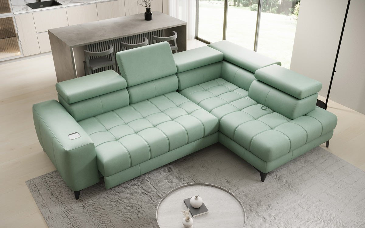 Designer L Sofa Seluna with electric sleeping function, induction, and storage in genuine leather