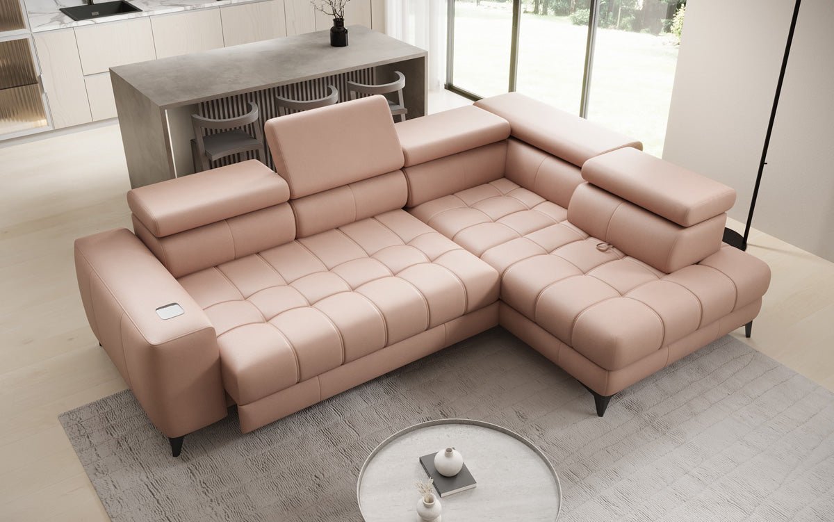 Designer L Sofa Seluna with electric sleeping function, induction, and storage in genuine leather