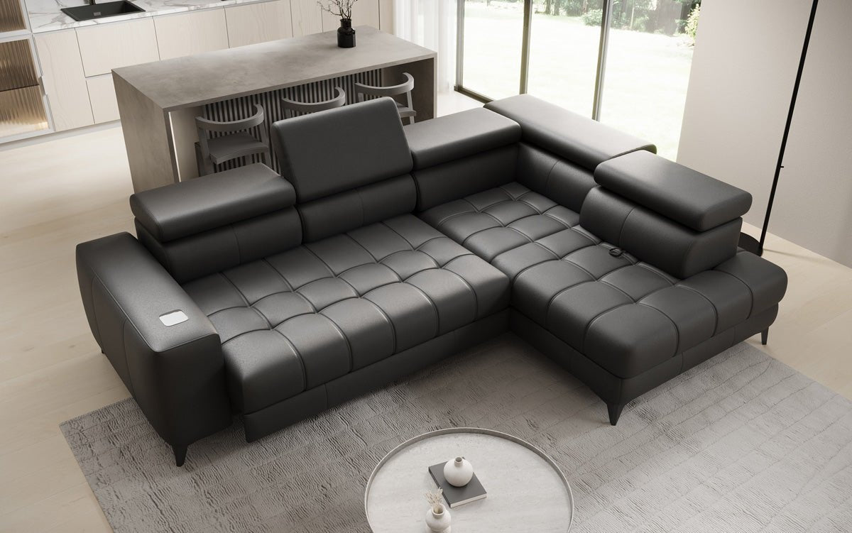 Designer L Sofa Seluna with electric sleeping function, induction, and storage in genuine leather