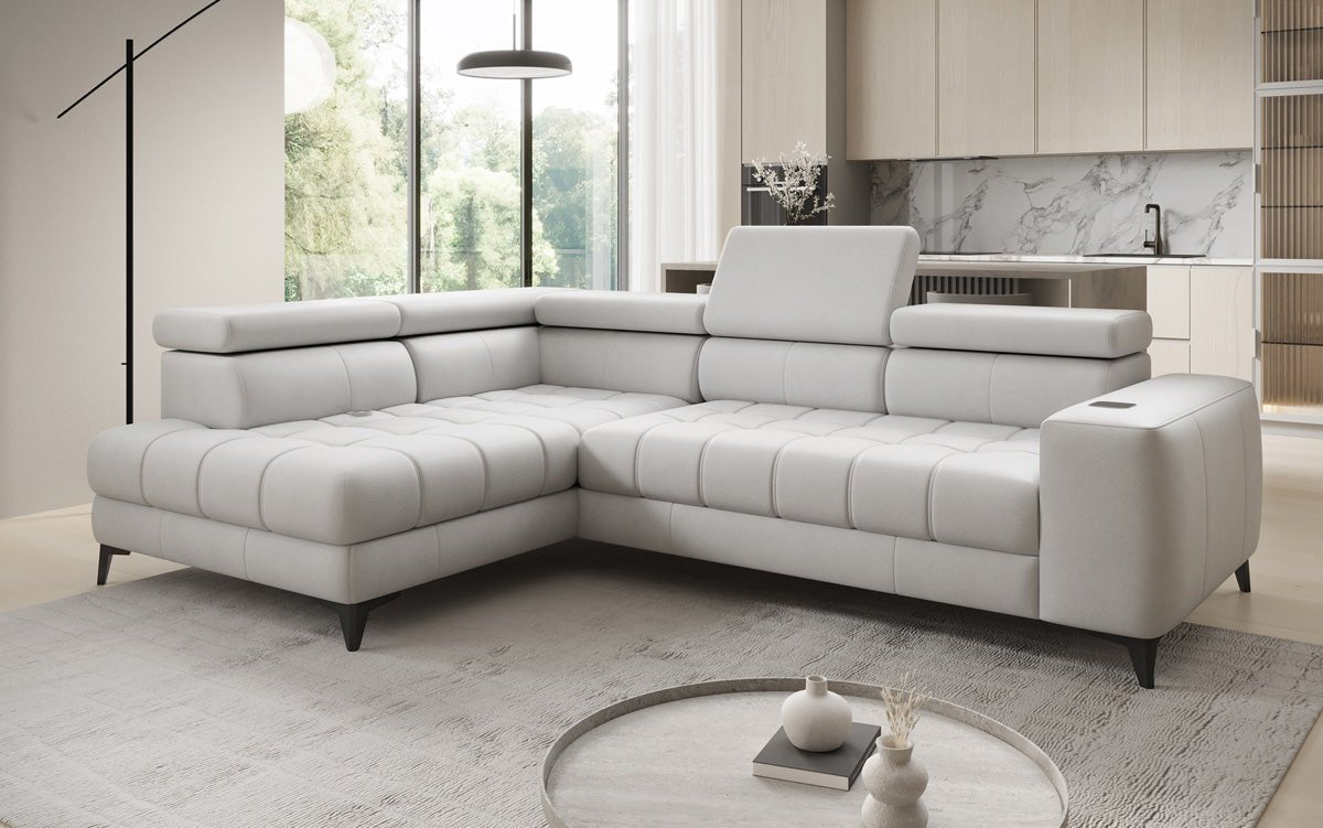 Designer L Sofa Seluna with electric sleeping function, induction, and storage in genuine leather