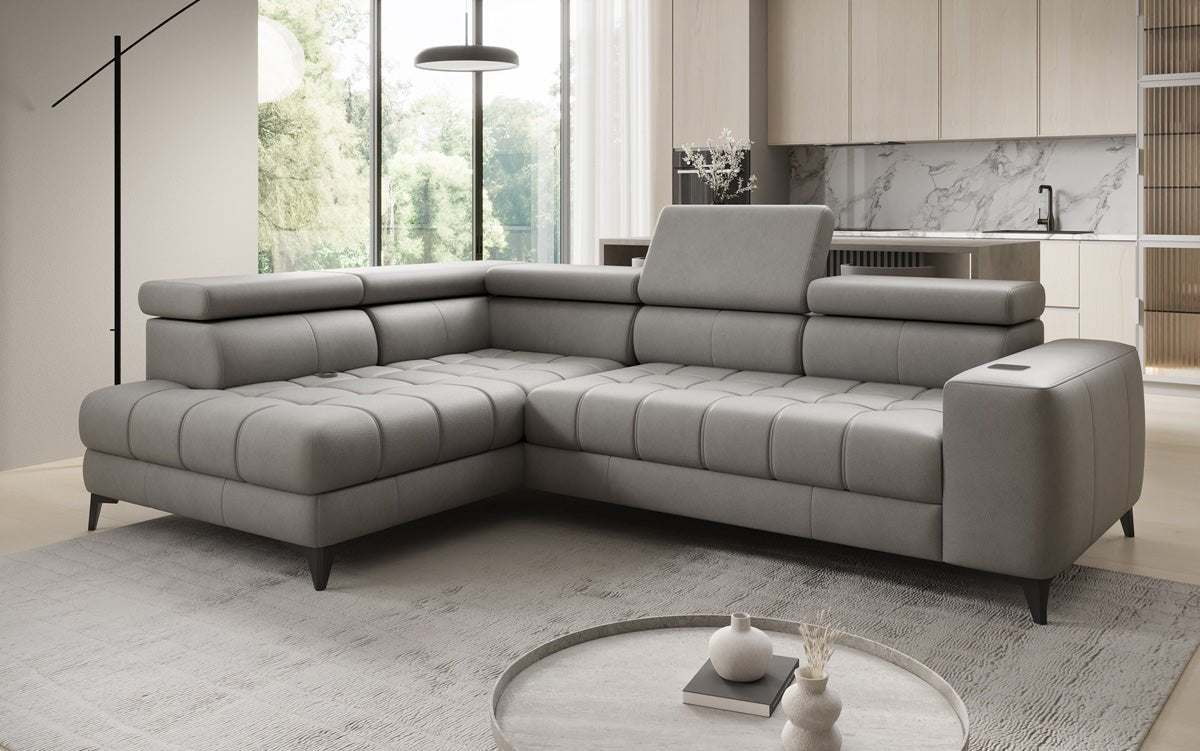 Designer L Sofa Seluna with electric sleeping function, induction, and storage in genuine leather