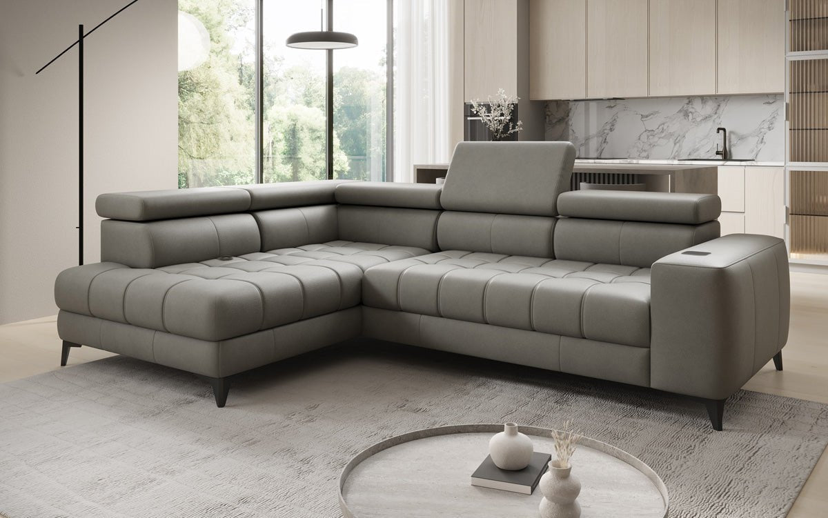 Designer L Sofa Seluna with electric sleeping function, induction, and storage in genuine leather