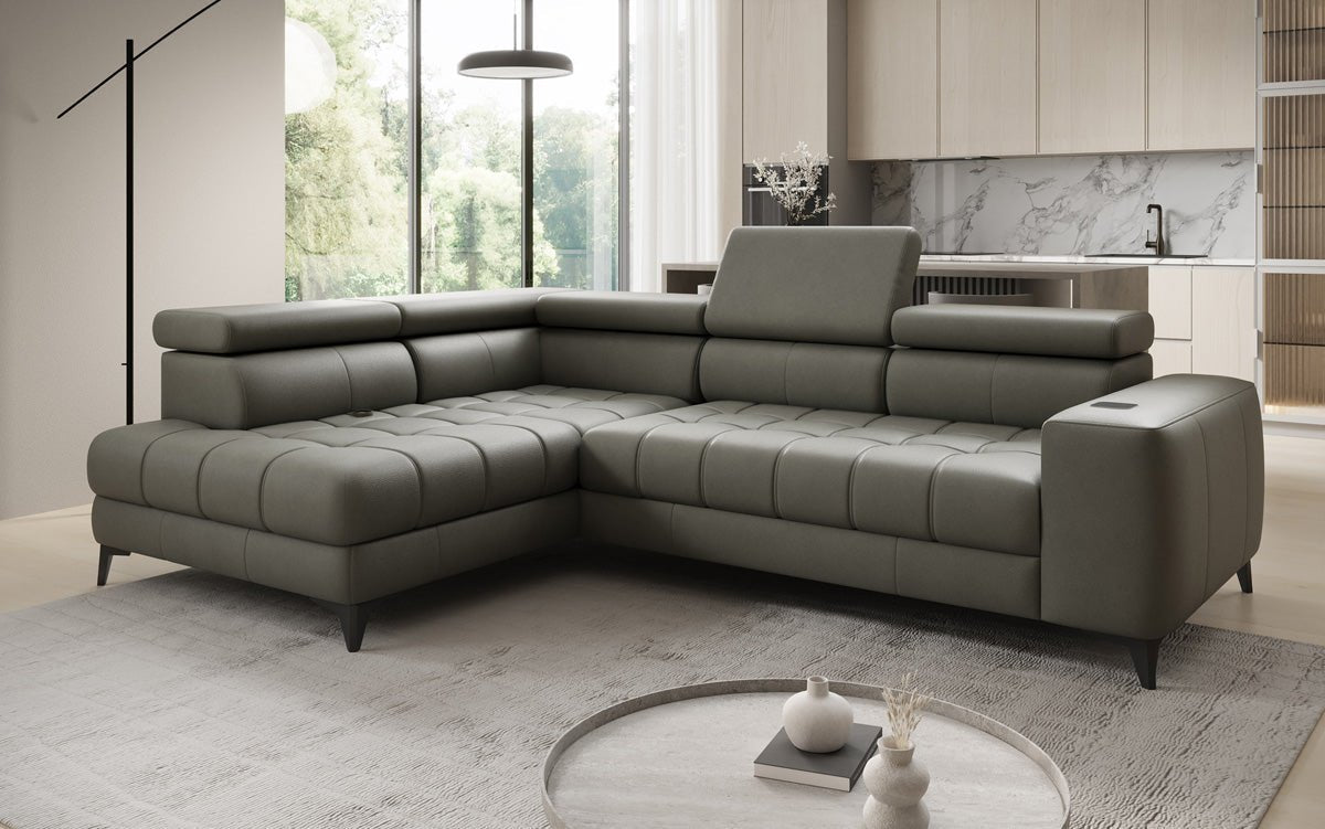 Designer L Sofa Seluna with electric sleeping function, induction, and storage in genuine leather