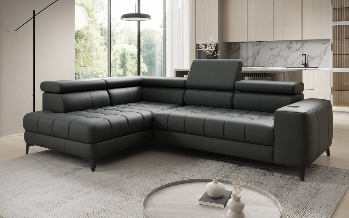 Designer L Sofa Seluna with electric sleeping function, induction, and storage in genuine leather
