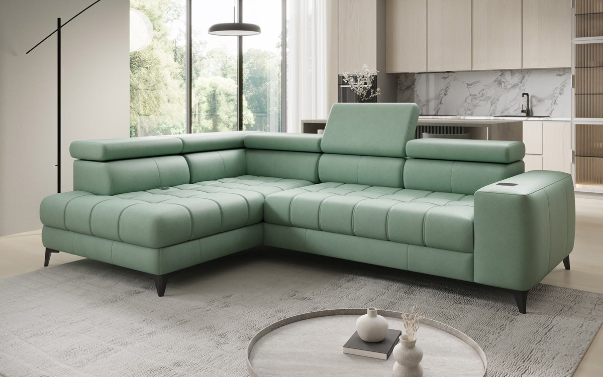 Designer L Sofa Seluna with electric sleeping function, induction, and storage in genuine leather