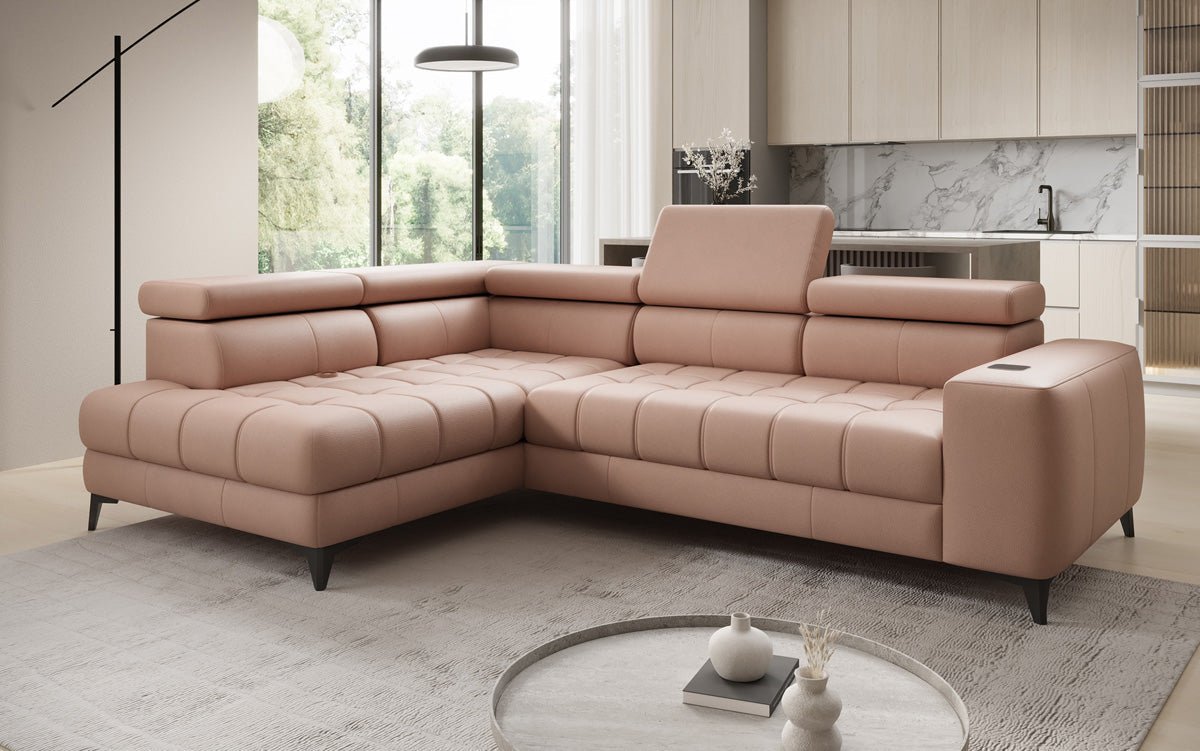 Designer L Sofa Seluna with electric sleeping function, induction, and storage in genuine leather