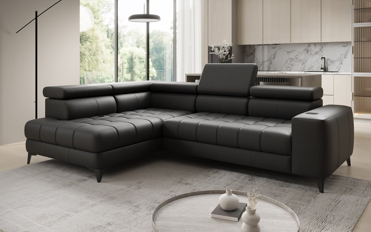 Designer L Sofa Seluna with electric sleeping function, induction, and storage in genuine leather