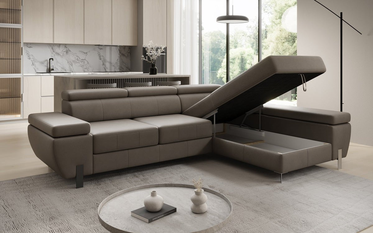 Designer L Sofa Calista with Sleeping Function and Storage in Genuine Leather
