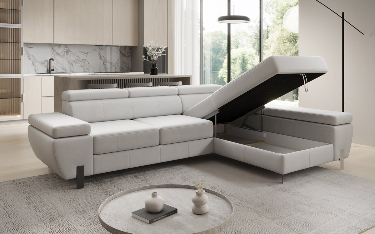 Designer L Sofa Calista with Sleeping Function and Storage in Genuine Leather
