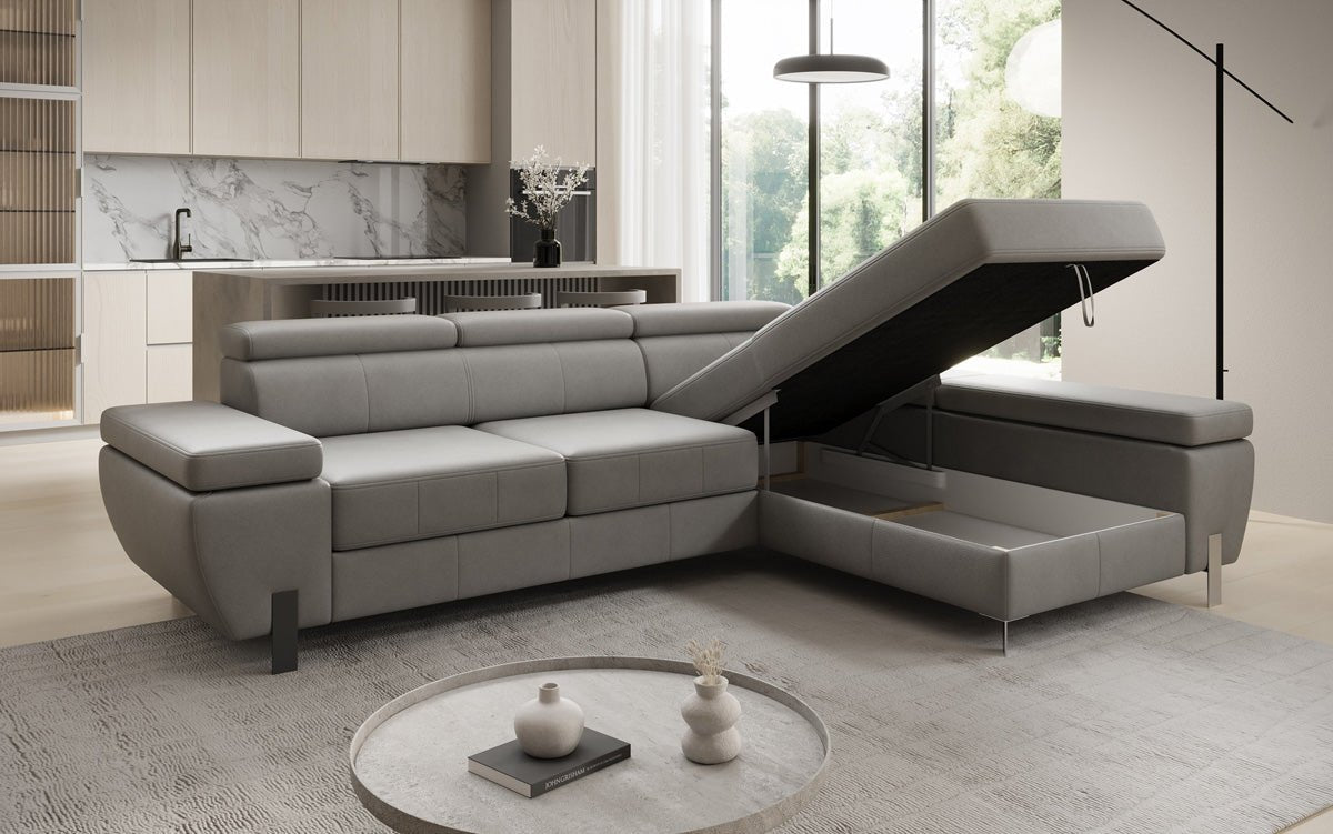 Designer L Sofa Calista with Sleeping Function and Storage in Genuine Leather