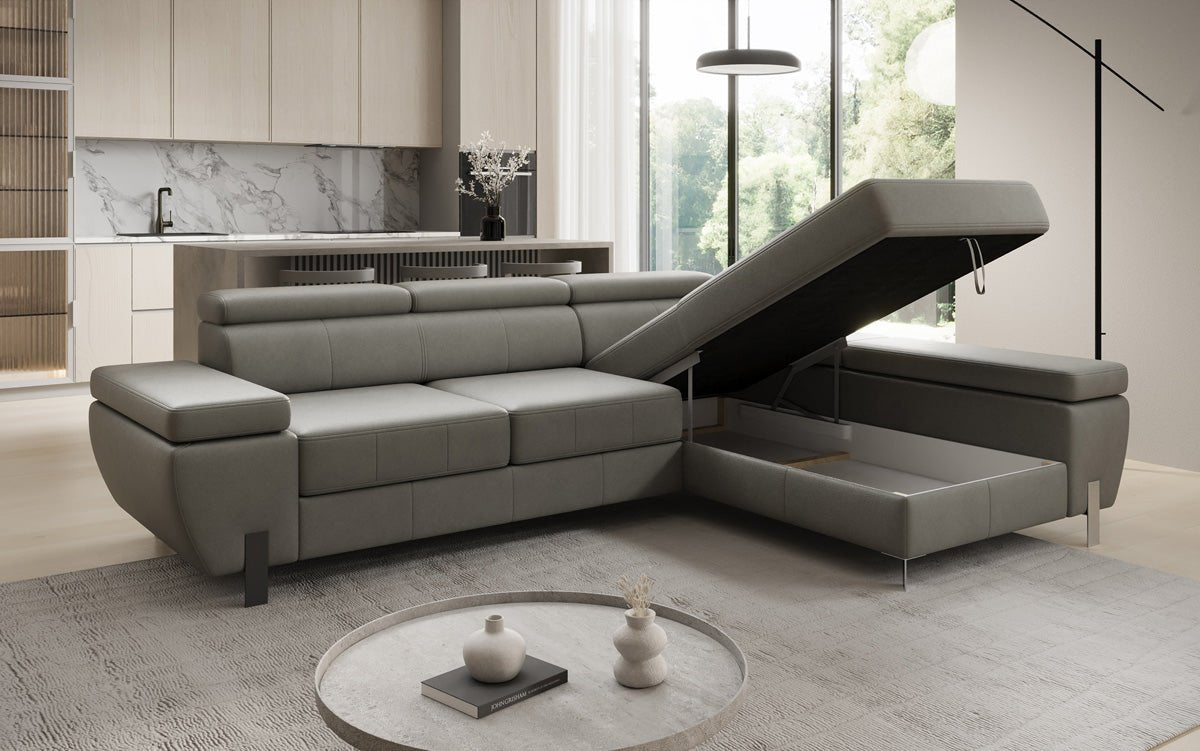 Designer L Sofa Calista with Sleeping Function and Storage in Genuine Leather