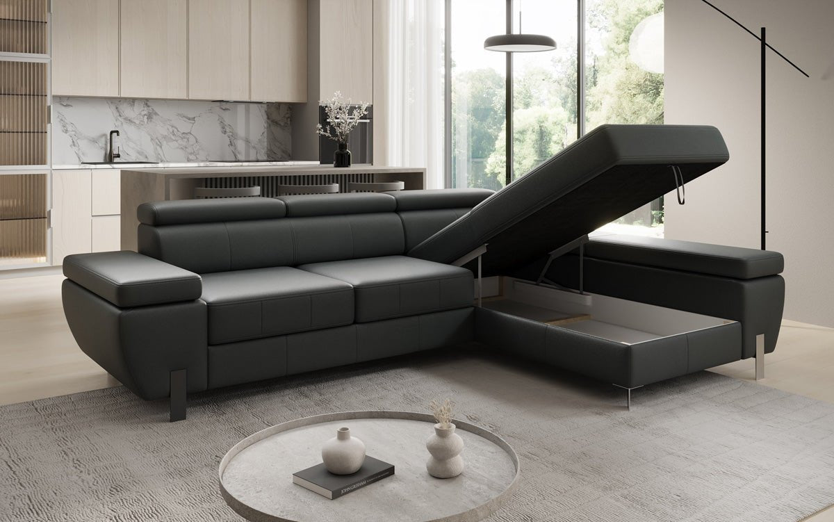 Designer L Sofa Calista with Sleeping Function and Storage in Genuine Leather