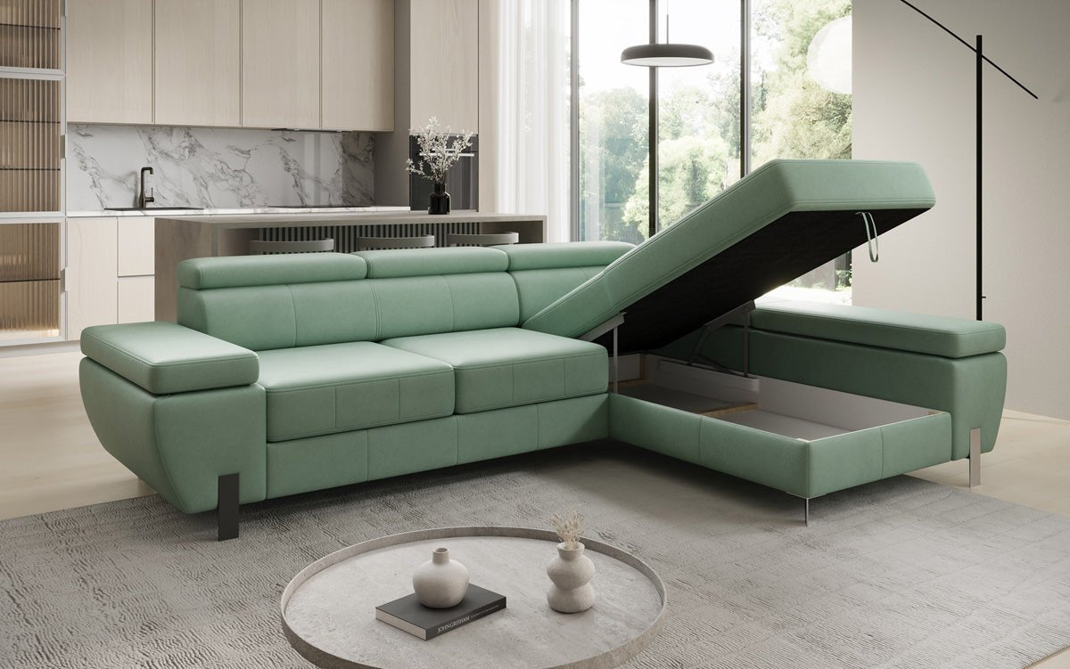 Designer L Sofa Calista with Sleeping Function and Storage in Genuine Leather