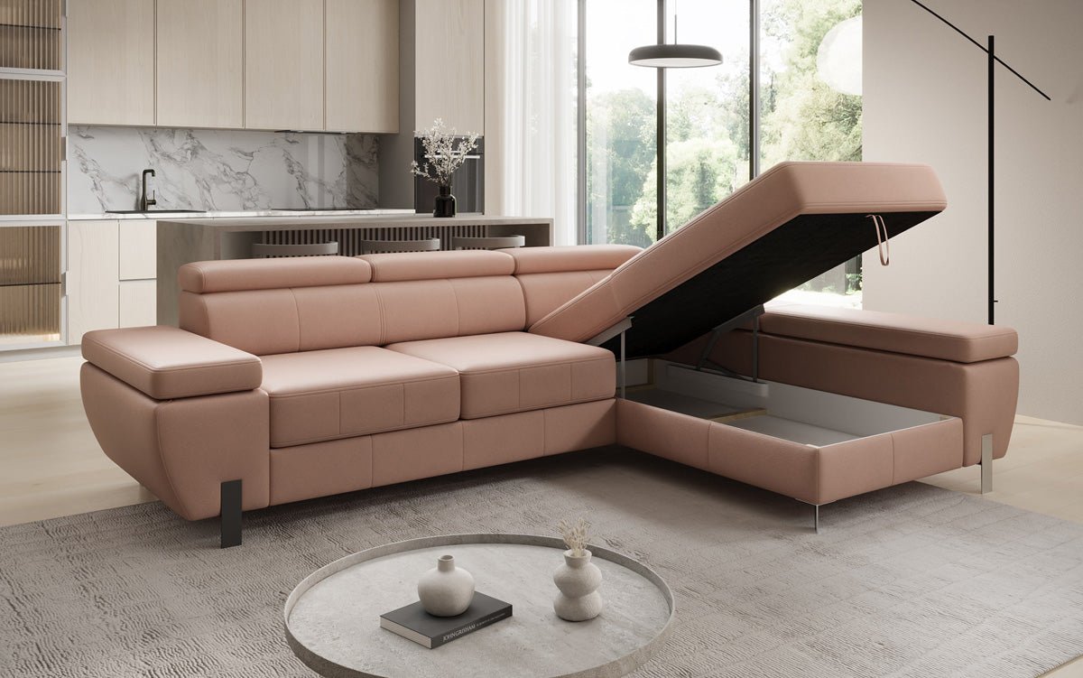 Designer L Sofa Calista with Sleeping Function and Storage in Genuine Leather
