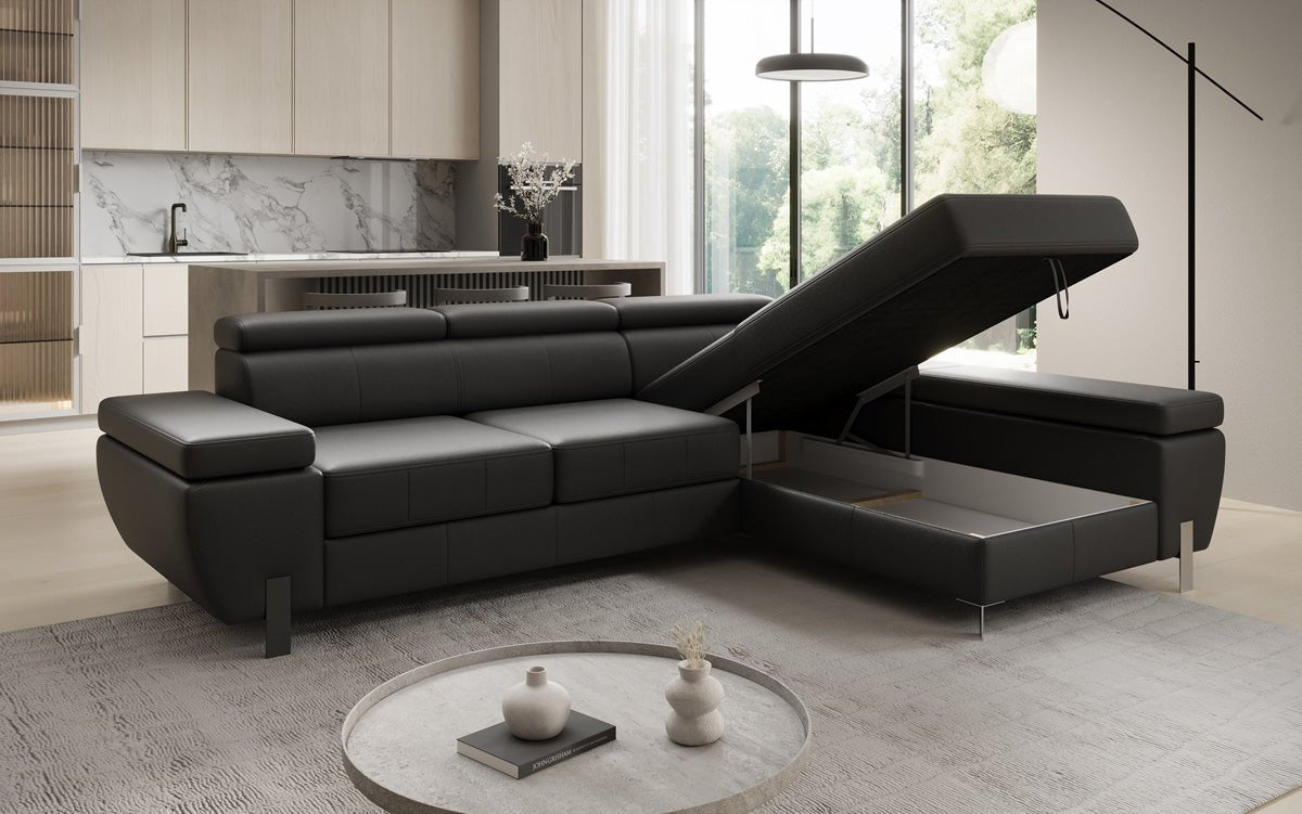 Designer L Sofa Calista with Sleeping Function and Storage in Genuine Leather