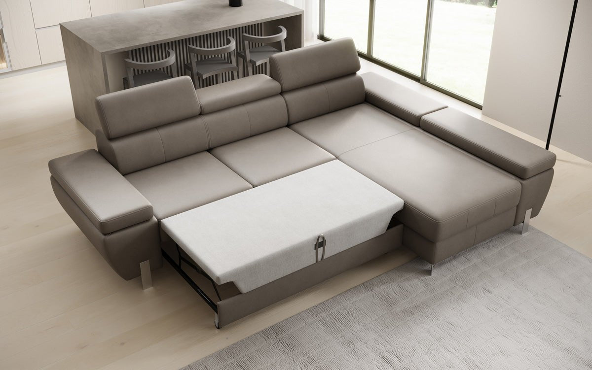 Designer L Sofa Calista with Sleeping Function and Storage in Genuine Leather