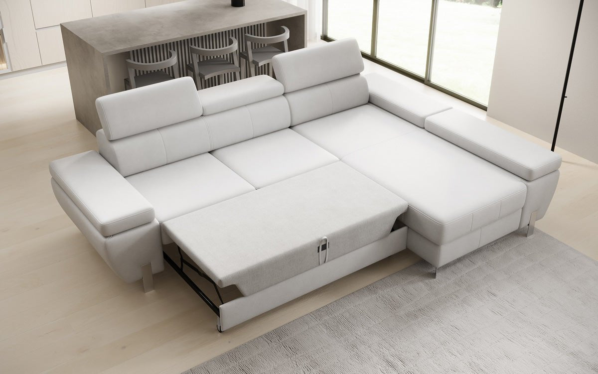 Designer L Sofa Calista with Sleeping Function and Storage in Genuine Leather