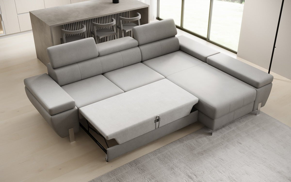 Designer L Sofa Calista with Sleeping Function and Storage in Genuine Leather