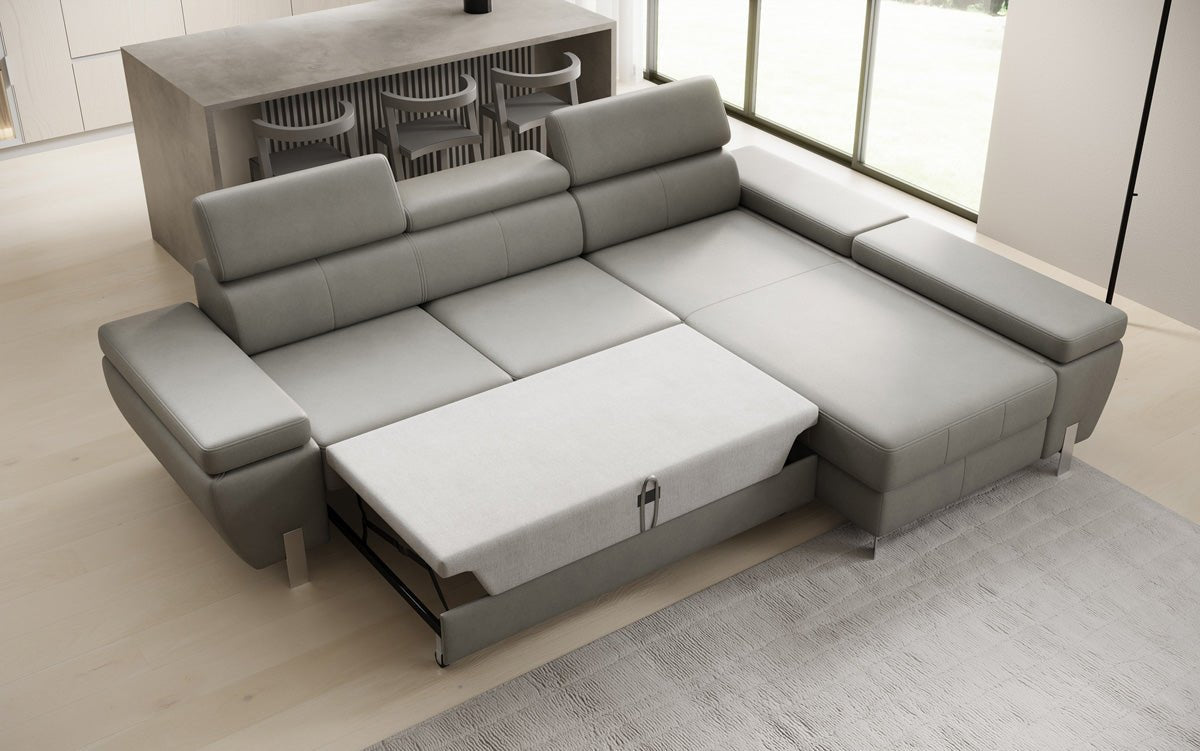 Designer L Sofa Calista with Sleeping Function and Storage in Genuine Leather
