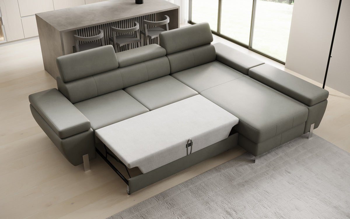 Designer L Sofa Calista with Sleeping Function and Storage in Genuine Leather