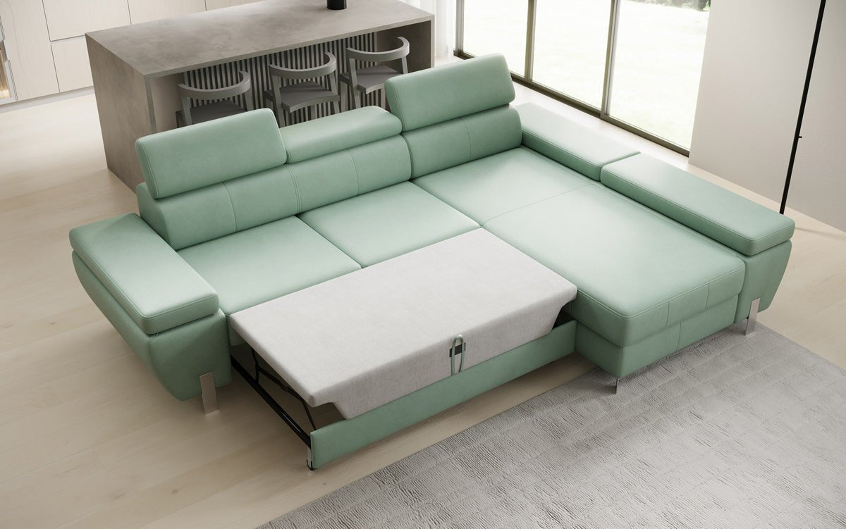 Designer L Sofa Calista with Sleeping Function and Storage in Genuine Leather