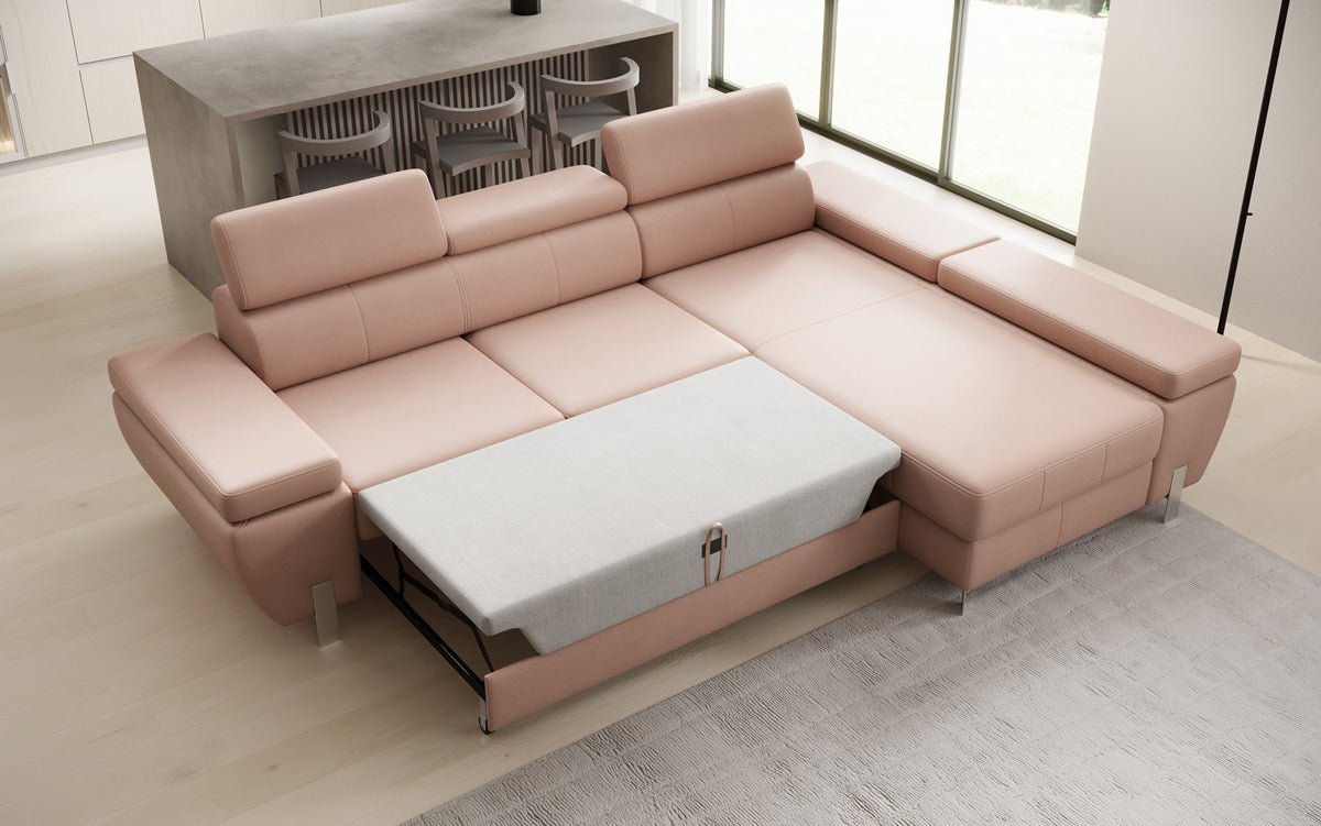 Designer L Sofa Calista with Sleeping Function and Storage in Genuine Leather