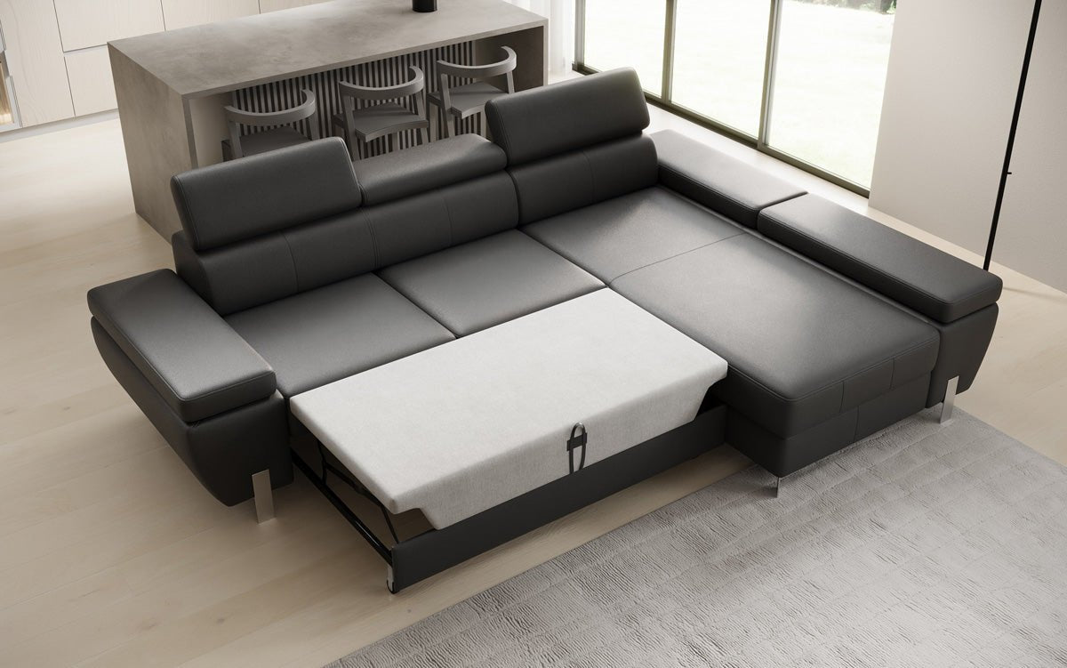 Designer L Sofa Calista with Sleeping Function and Storage in Genuine Leather