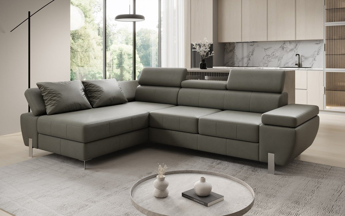 Designer L Sofa Calista with Sleeping Function and Storage in Genuine Leather