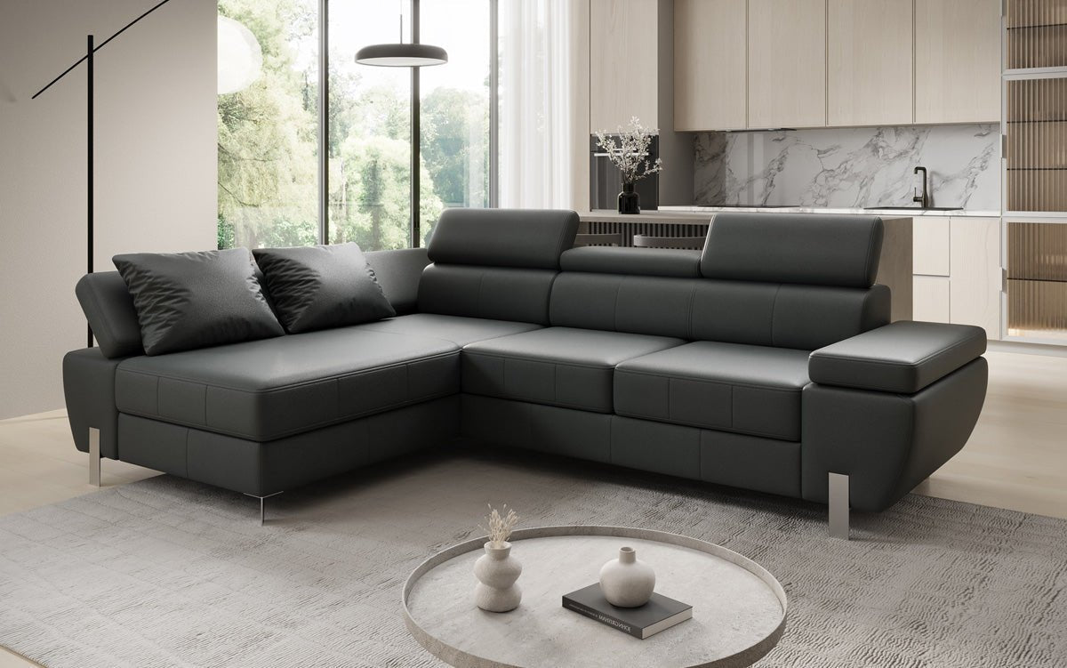 Designer L Sofa Calista with Sleeping Function and Storage in Genuine Leather