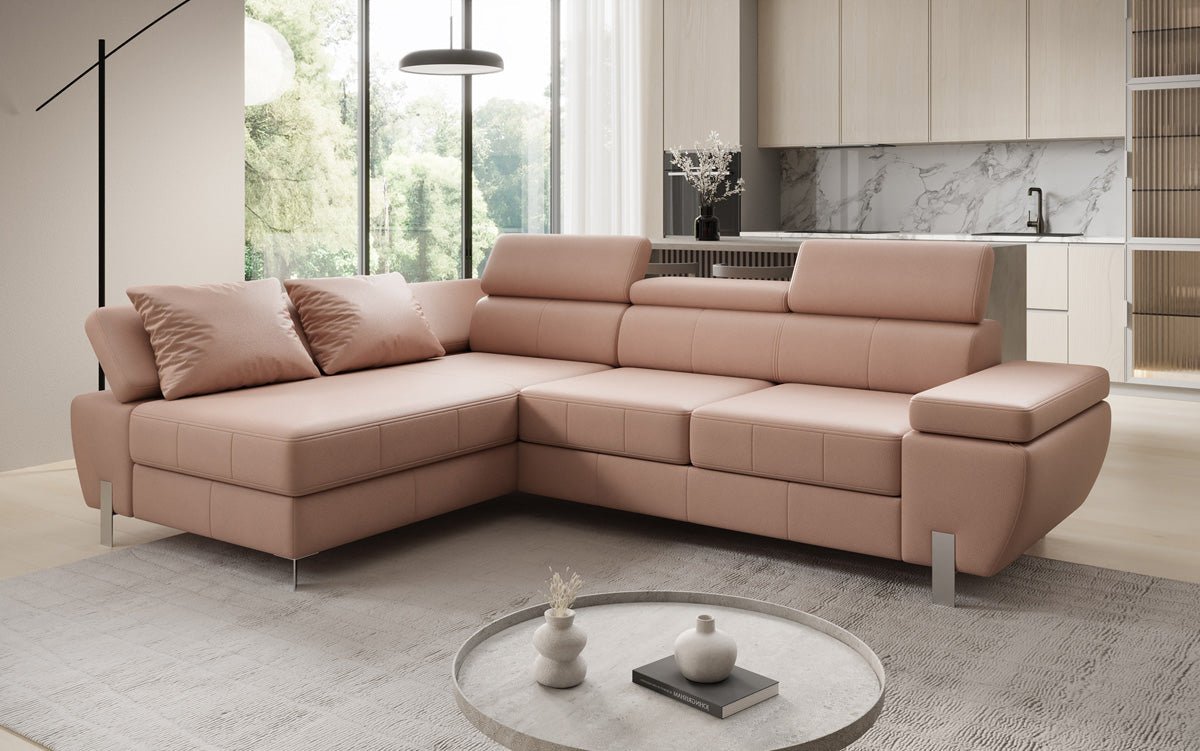 Designer L Sofa Calista with Sleeping Function and Storage in Genuine Leather