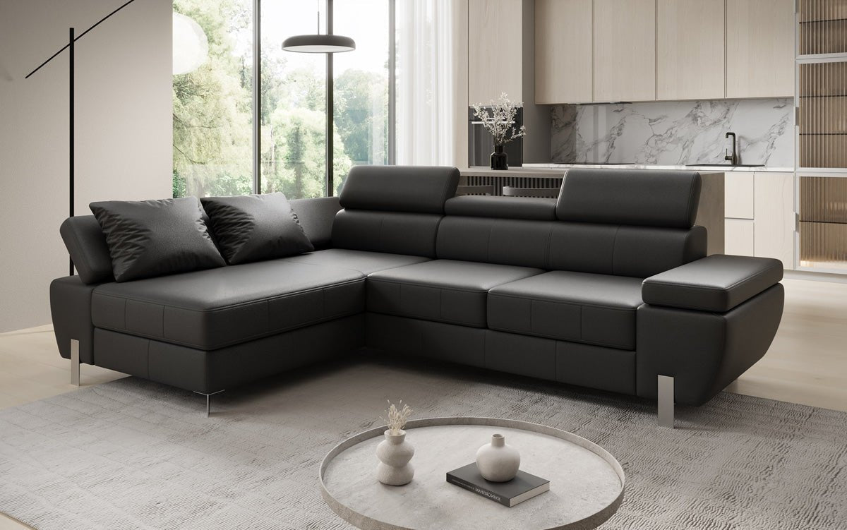 Designer L Sofa Calista with Sleeping Function and Storage in Genuine Leather