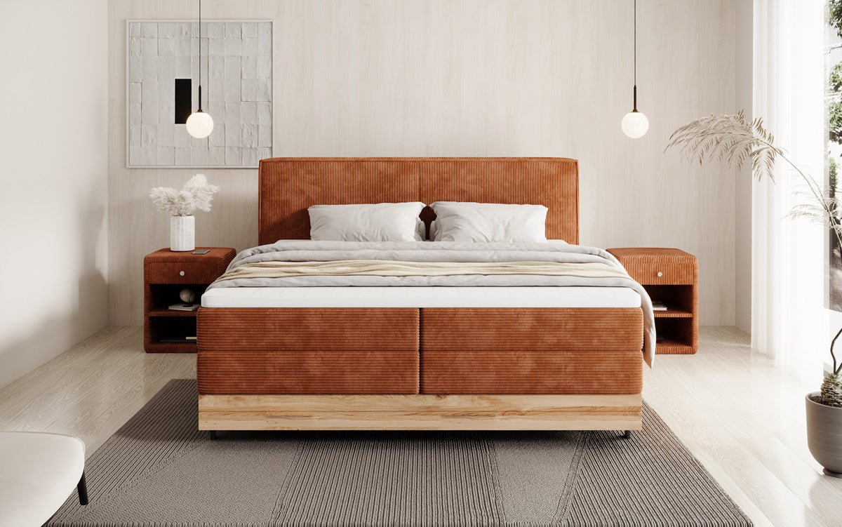Wooden bed/box spring bed Nero with storage in corduroy