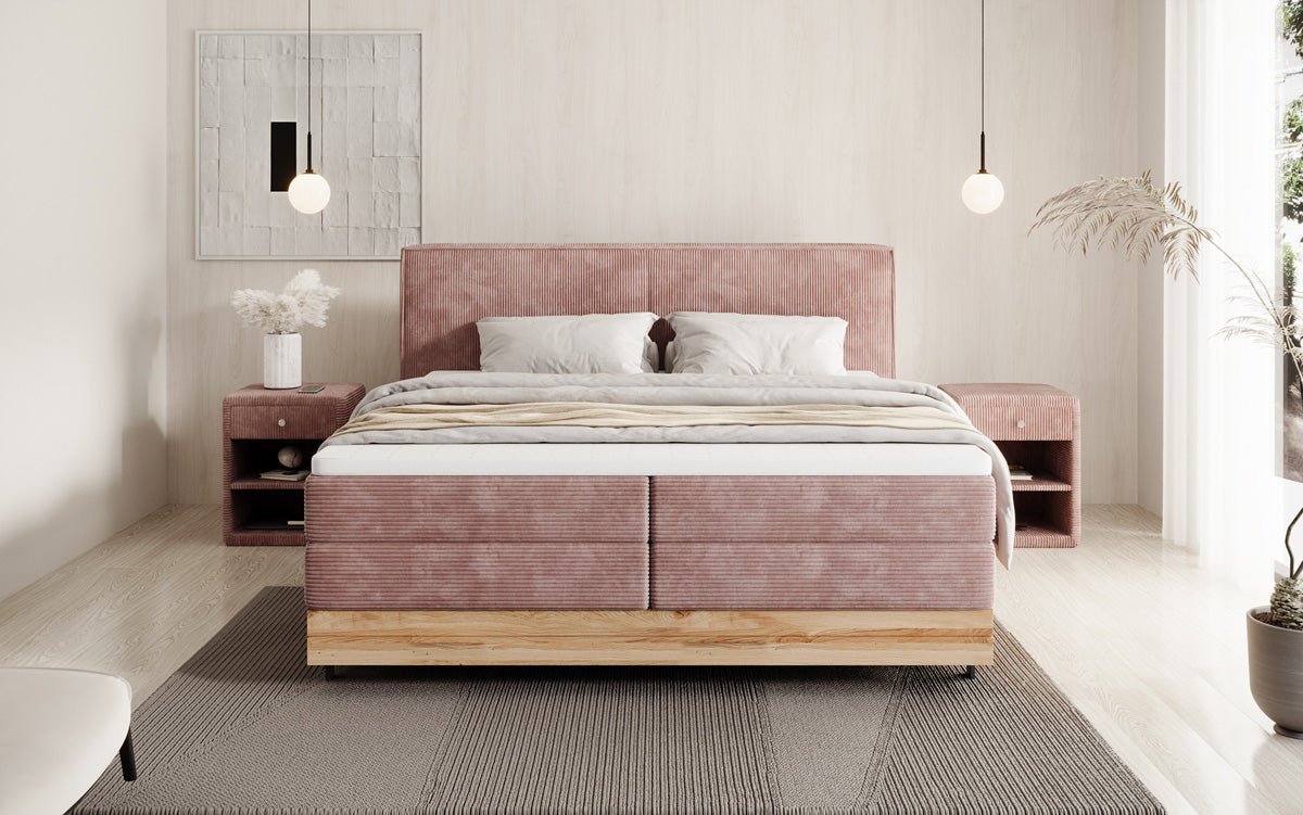 Wooden bed/box spring bed Nero with storage in corduroy