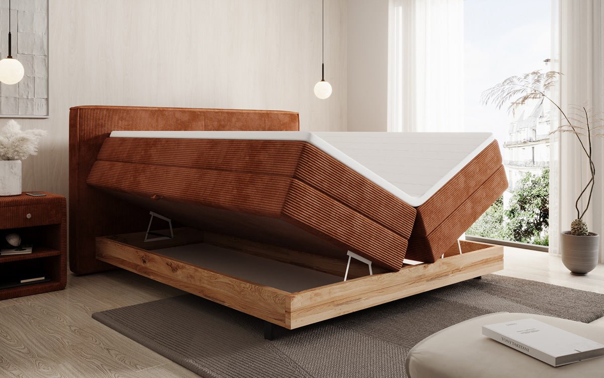 Wooden bed/box spring bed Nero with storage in corduroy