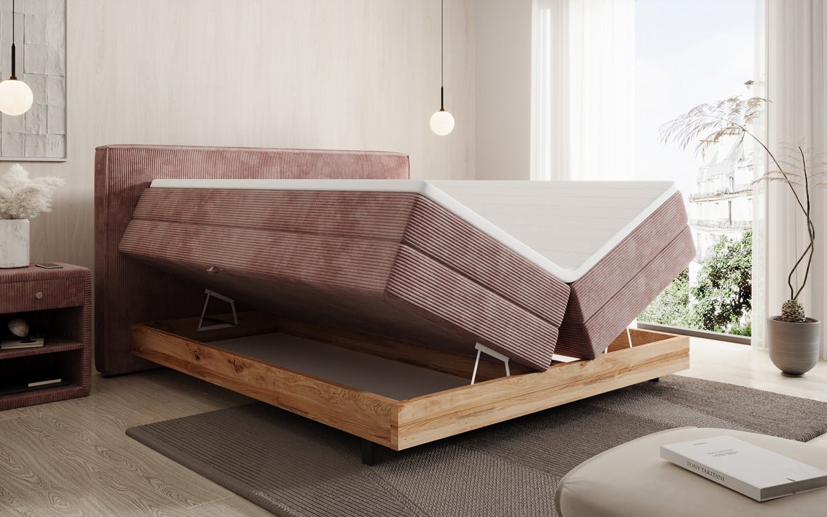Wooden bed/box spring bed Nero with storage in corduroy