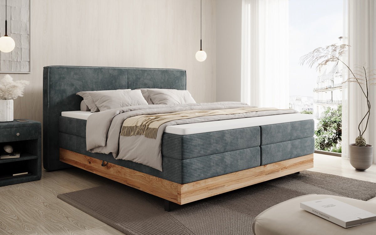 Wooden bed/box spring bed Nero with storage in corduroy